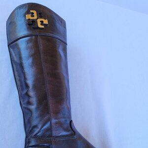Tory Burch Logo Black Leather Riding Boots Size 9